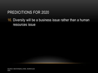 PREDICITIONS FOR 2020
16. Diversity will be a business issue rather than a human
    resources issue




SOURCE: MEISTER&WILLYERD, WORKPLACE
2020
 