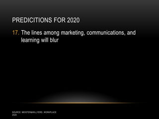 PREDICITIONS FOR 2020
17. The lines among marketing, communications, and
    learning will blur




SOURCE: MEISTER&WILLYERD, WORKPLACE
2020
 