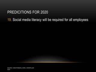PREDICITIONS FOR 2020
19. Social media literacy will be required for all employees




SOURCE: MEISTER&WILLYERD, WORKPLACE
2020
 