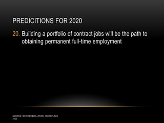 PREDICITIONS FOR 2020
20. Building a portfolio of contract jobs will be the path to
    obtaining permanent full-time employment




SOURCE: MEISTER&WILLYERD, WORKPLACE
2020
 