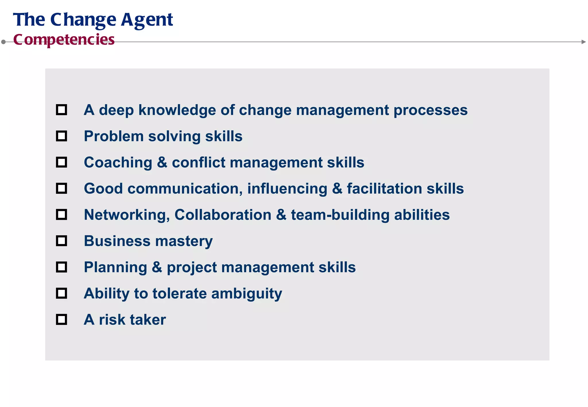 A deep knowledge of change management processes
Problem solving skills
Coaching & conflict management skills
Good communication, influencing & facilitation skills
Networking, Collaboration & team-building abilities
Business mastery
Planning & project management skills
Ability to tolerate ambiguity
A risk taker
 