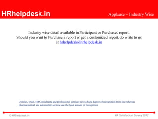 HRhelpdesk.in                                                                                Applause – Industry Wise



              Industry wise detail available in Participant or Purchased report.
       Should you want to Purchase a report or get a customized report, do write to us
                               at hrhelpdesk@hrhelpdesk.in




        Utilities, retail, HR Consultants and professional services have a high degree of recognition from line whereas
        pharmaceutical and automobile sectors saw the least amount of recognition


  © HRhelpdesk.in                                                                                  HR Satisfaction Survey 2012
 