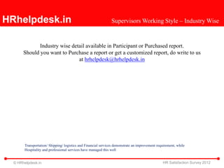 HRhelpdesk.in                                                  Supervisors Working Style – Industry Wise


              Industry wise detail available in Participant or Purchased report.
       Should you want to Purchase a report or get a customized report, do write to us
                               at hrhelpdesk@hrhelpdesk.in




       Transportation/ Shipping/ logistics and Financial services demonstrate an improvement requirement, while
       Hospitality and professional services have managed this well


  © HRhelpdesk.in                                                                               HR Satisfaction Survey 2012
 
