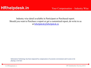 HRhelpdesk.in                                                          Your Compensation – Industry Wise


              Industry wise detail available in Participant or Purchased report.
       Should you want to Purchase a report or get a customized report, do write to us
                               at hrhelpdesk@hrhelpdesk.in




        Information Technology has been impacted by compensation of economic environment and it seems to be
        playing a role here


  © HRhelpdesk.in                                                                            HR Satisfaction Survey 2012
 