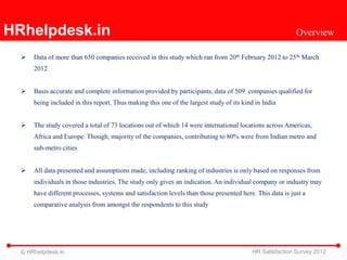 HRhelpdesk.in                                                                                             Overview

     Data of more than 650 companies received in this study which ran from 20th February 2012 to 25th March
      2012


     Basis accurate and complete information provided by participants, data of 509 companies qualified for
      being included in this report. Thus making this one of the largest study of its kind in India


     The study covered a total of 73 locations out of which 14 were international locations across Americas,
      Africa and Europe. Though, majority of the companies, contributing to 80% were from Indian metro and
      sub-metro cities


     All data presented and assumptions made, including ranking of industries is only based on responses from
      individuals in those industries. The study only gives an indication. An individual company or industry may
      have different processes, systems and satisfaction levels than those presented here. This data is just a
      comparative analysis from amongst the respondents to this study




  © HRhelpdesk.in                                                                        HR Satisfaction Survey 2012
 