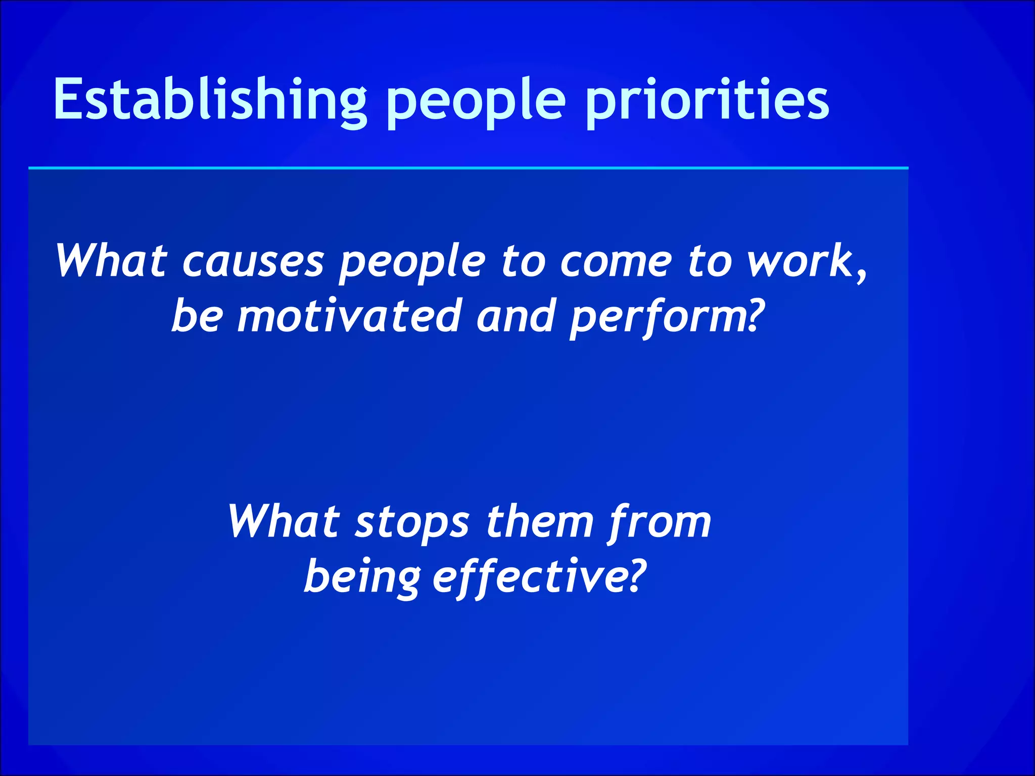 Establishing people priorities

What causes people to come to work,
    be motivated and perform?



       What stops them from
         being effective?
 