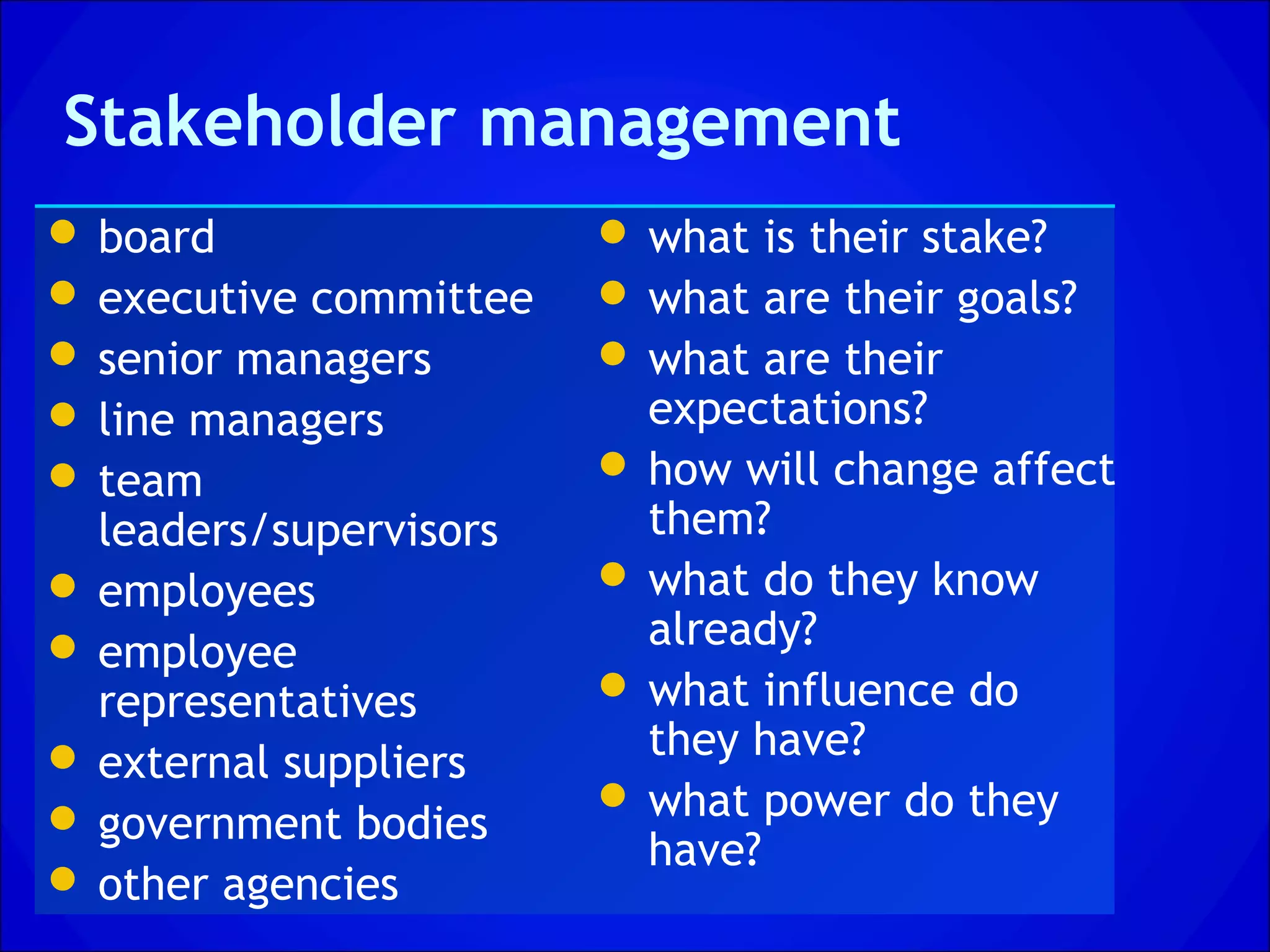Stakeholder management
 board                  what is their stake?
 executive committee    what are their goals?
 senior managers        what are their
 line managers           expectations?
 team                   how will change affect
  leaders/supervisors     them?
 employees              what do they know
 employee                already?
  representatives        what influence do
 external suppliers      they have?
                         what power do they
 government bodies
                          have?
 other agencies
 