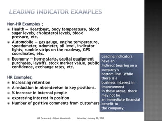 Non-HR Examples ;
 Health — Heartbeat, body temperature, blood
  sugar levels, cholesterol levels, blood
  pressure, etc.
 Automobile — gas gauge, engine temperature,
  speedometer, odometer, oil level, indicator
  lights, rumble strips on the roadway, GPS
  coordinates, etc.
                                                 Leading indicators
 Economy — home starts, capital equipment
                                                 have an
  purchases, layoffs, stock market value, public
  confidence, exchange rates, etc.               indirect bearing on a
                                               company’s
                                               bottom line. While
HR Examples;                                   there is a
 Increasing retention                         business interest in
 A reduction in absenteeism in key positions. improvement
                                               in these areas, there
 % increase in internal people
                                               may not be
 expressing interest in position              an immediate financial
 Number of positive comments from customers benefit to
                                               the company.

                HR Scorecard - Gihan Aboueleish   Saturday, January 21, 2012
 