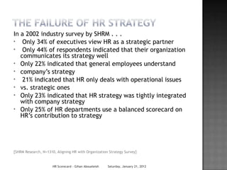 In a 2002 industry survey by SHRM . . .
*   Only 34% of executives view HR as a strategic partner
*   Only 44% of respondents indicated that their organization
   communicates its strategy well
* Only 22% indicated that general employees understand
* company‘s strategy
*   21% indicated that HR only deals with operational issues
* vs. strategic ones
* Only 23% indicated that HR strategy was tightly integrated
   with company strategy
* Only 25% of HR departments use a balanced scorecard on
   HR‘s contribution to strategy




[SHRM Research, N=1310, Aligning HR with Organization Strategy Survey]


                      HR Scorecard - Gihan Aboueleish   Saturday, January 21, 2012
 