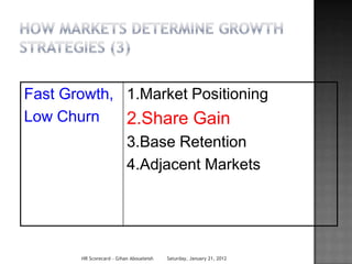 Fast Growth, 1.Market Positioning
Low Churn    2.Share Gain
             3.Base Retention
             4.Adjacent Markets




       HR Scorecard - Gihan Aboueleish   Saturday, January 21, 2012
 