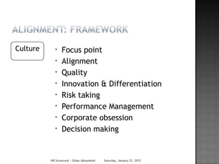 Culture      *   Focus point
             *   Alignment
             *   Quality
             *   Innovation & Differentiation
             *   Risk taking
             *   Performance Management
             *   Corporate obsession
             *   Decision making


          HR Scorecard - Gihan Aboueleish   Saturday, January 21, 2012
 