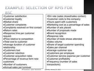 •Customer satisfaction                                •Win rate (sales closed/sales contact)
 Customer loyalty                                     •Customer visits to the company
 Market share                                           Hours spent with customers
 Customer complaints                                    Marketing cost as a percentage of sales
 Complaints resolved on first contact                   Number of ads placed
 Return rates                                           Number of proposals made
 Response time per customer                             Brand recognition
request                                                 Response rate
 Price relative to competition                          Number of trade shows attended
 Total cost to customer                                 Sales volume
 Average duration of customer                           Share of target customer spending
relationship                                            Sales per channel
 Customers lost                                         Average customer size
 Customer retention                                     Customers per employee
 Customer acquisition rates                             Customer service expense per customer
 Percentage of revenue form new                         Customer profitability
customers                                               Frequency (number of sales
 Number of customers                                  transactions)
 Annual sales per turnover
                 HR Scorecard - Gihan Aboueleish   Saturday, January 21, 2012
 