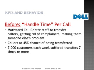 Before: ―Handle Time‖ Per Call
*   Motivated Call Centre staff to transfer
    callers, getting rid of complainers, making them
    someone else‘s problem
*   Callers at 45% chance of being transferred
*   7,000 customers each week suffered transfers 7
    times or more



             HR Scorecard - Gihan Aboueleish   Saturday, January 21, 2012
 