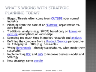 1.   Biggest Threats often come from OUTSIDE your normal
     industry
2.   Planning from the base of an ‗Existing‘ organization vs.
     zero-based
3.   Traditional Analysis (e.g. SWOT) based only on known or
     existing assumptions or knowledge
4.   Spending too much time in market research and analysis
5.   Defining the company from a Product/Service perspective
     vs. Category vs. JTBD (e.g. Coca-cola)
6.   Wrong Benchmark – already successful vs. what made them
     successful
7.   Implementing BSC and PMS to improve Business Model and
     Strategy
8.   New strategy, same people


               HR Scorecard - Gihan Aboueleish   Saturday, January 21, 2012
 