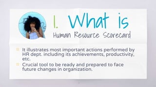 1. What is
Human Resource Scorecard
▧ It illustrates most important actions performed by
HR dept. including its achievements, productivity,
etc.
▧ Crucial tool to be ready and prepared to face
future changes in organization.
3
 