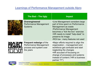 Learnings of Performance Management outside Alpro
The Bad – The Ugly

Impact

Overengineered
Performance Management
Systems

•!Line Management considers large
part of time spent on Performance
Management as waste
•!Performance Management
becomes a “tick the box” exercise
•!HR needs to install “help-desk” to
preserve its image
•!ROI low : many features not used

Frequent redesign of the
Performance Management
process and system over
the years

•!Major efforts required to align the
organization – management and
workforce get confused and start
neglecting the changes
•!HR accused of focussing on
change of processes and systems
instead of content (“HR is business
partner ??”)

Performance-oriented
Ambition I Leverage I Professionalism I Results I Ownership

People-driven
Authenticity I Leadership I Passion I Respect I Openness

- 15 -

 