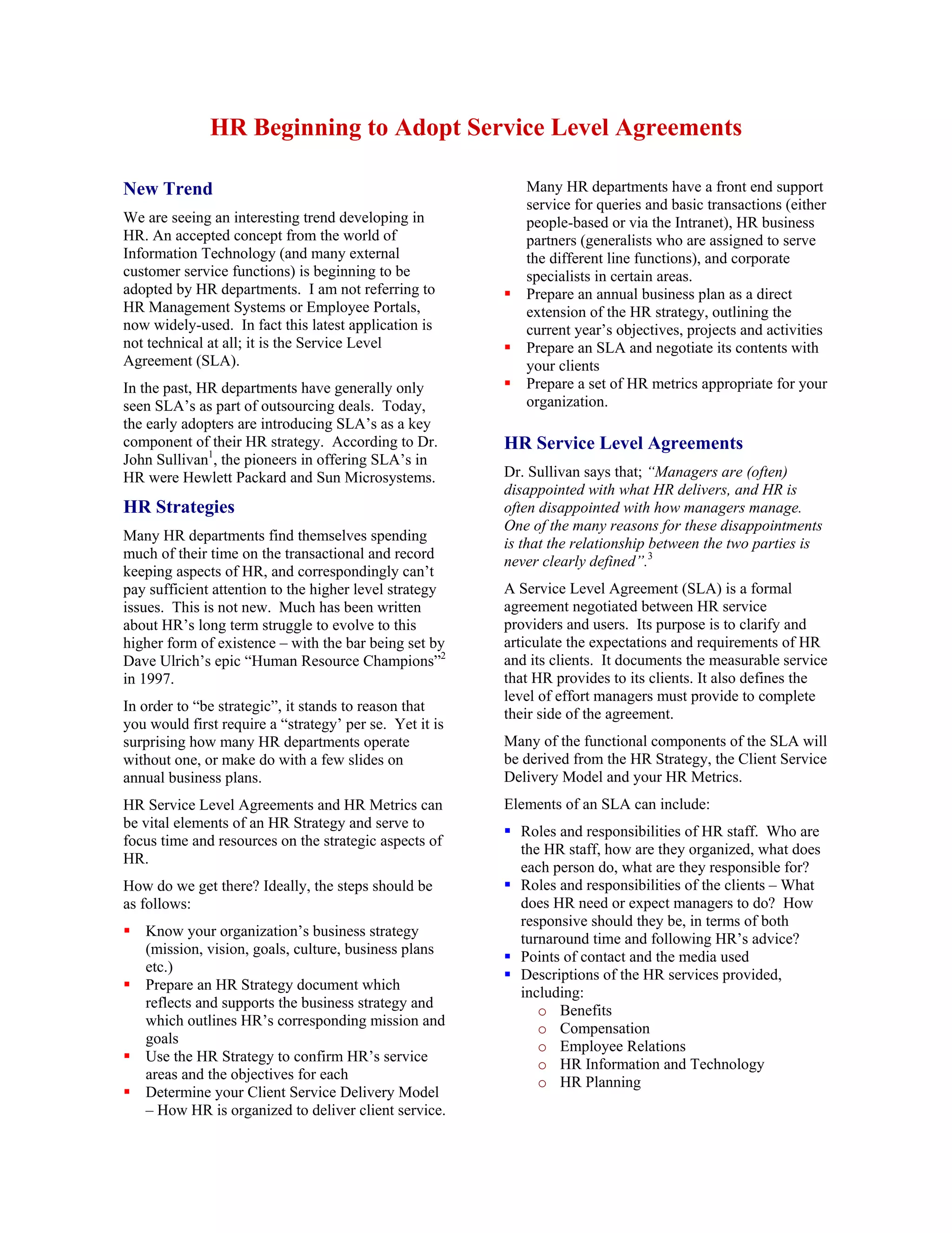 HR service level Agreements - ArticleMetrics | PDF