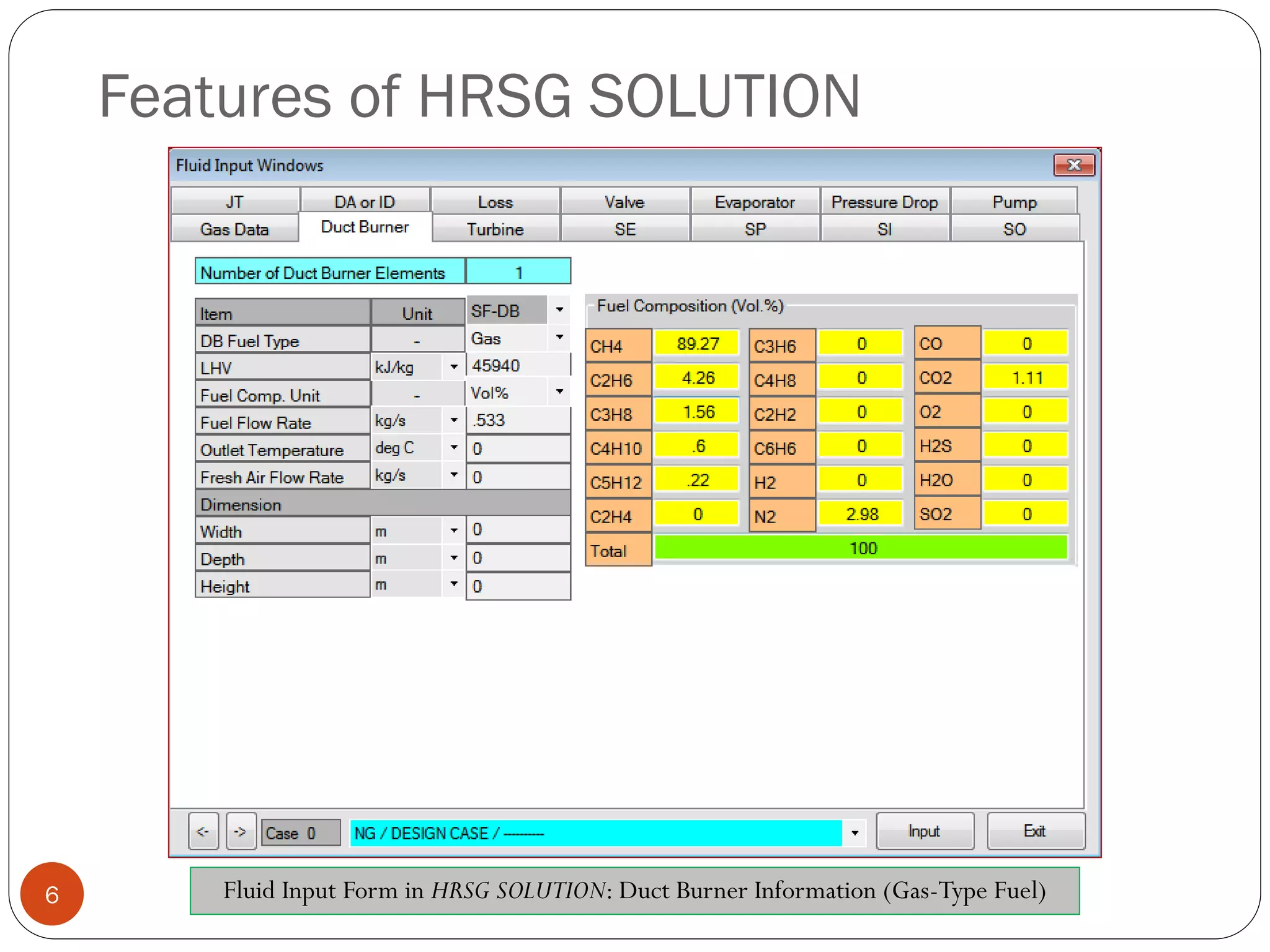 Features of HRSG SOLUTION
6 Fluid Input Form in HRSG SOLUTION: Duct Burner Information (Gas-Type Fuel)
 