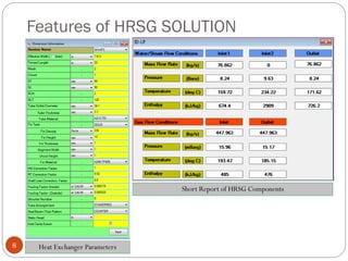 Features of HRSG SOLUTION
8 Heat Exchanger Parameters
Short Report of HRSG Components
 