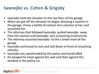 Iwanejko vs. Cohen & Grigsby
• Iwanejko took the elevator to the top floor of the garage
• When we got off the elevator he began shouting a women in
  the garage, threw a bottle of contact lens solution at her, and
  assaulted her.
• The attorney that followed Iwanejko pulled Iwanejko away
  from the woman and Iwanejko was screaming incoherently
• The attroney escorted Iwanejko to the a lower level of the
  garage
• Iwanejko continued to rant and laid down in front of oncoming
  vehicles
• Iwanejko was aprehended by the police and handcuffed
• He banged his head against the wall and then against the
  window in the police car


             Simplifying business. Benefiting people.
 