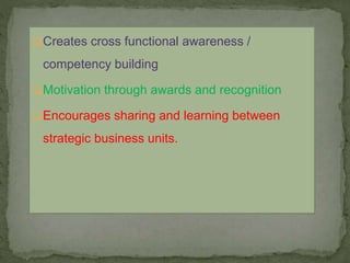 Creates cross functional awareness /
competency building
Motivation through awards and recognition
Encourages sharing and learning between
strategic business units.
 