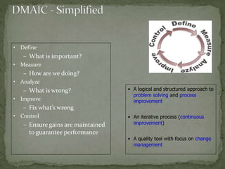 • Define
– What is important?
• Measure
– How are we doing?
• Analyze
– What is wrong?
• Improve
– Fix what’s wrong
• Control
– Ensure gains are maintained
to guarantee performance
• A logical and structured approach to
problem solving and process
improvement
• An iterative process (continuous
improvement)
• A quality tool with focus on change
management
 
