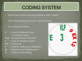  Initial Coding System used colored threads to mark 7 Islands
 Then Utilized thrown away cotton waste from tailors
 Now using color markers:
E :: Code for Dabbawala Street
at residential station
VLP :: Residential Station Ville Parle
3 :: Code for Destination station.
E.G :: Church gate
9 :: Code for Dabbawala at Destination.
Ex :: Express towers ( Building name)
12 :: Floor no. in the building.
 