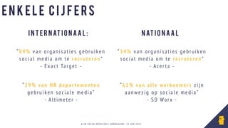 © HR SOCIAL MEDIA DAY | HRMAGAZINE | 24 JUNI 2014
“29% van HR dep a r temen ten
gebruike n s o ci a le m edi a”
- Alt i me ter -
“89% van o rga n i sa t i e s gebrui ken
social med i a o m te recruter en ”
- E x ac t Ta rge t -
i n t e r n at i o n a a l:
“6 1% van a lle werkn emers zijn
aa nwezi g op soc ia le media”
- SD Worx -
“3 4% van organi saties gebruiken
s oc i al me dia om te recruteren”
- Acer ta -
n at i o n a a l
E n k e l e c ij f e rs
 