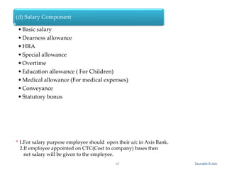 Saurabh.R.Jain
(d) Salary Component
•Basic salary
•Dearness allowance
•HRA
•Special allowance
•Overtime
•Education allowance ( For Children)
•Medical allowance (For medical expenses)
•Conveyance
•Statutory bonus
10
* 1.For salary purpose employee should open their a/c in Axis Bank.
2.If employee appointed on CTC(Cost to company) bases then
net salary will be given to the employee.
 