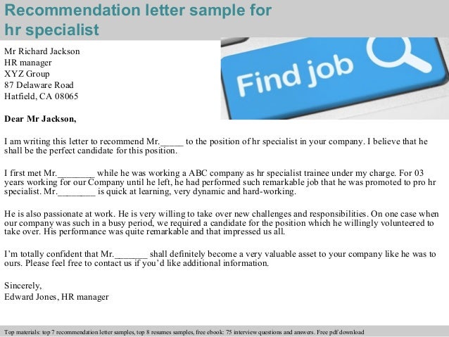 hr specialist recommendation letter recommendation letter example