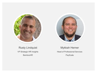 bamboohr.com payscale.com
HR‘s Role in Employee Performance
Rusty Lindquist
VP Strategic HR Insights
BambooHR
Mykkah Herner
Head of Professional Services
PayScale
 