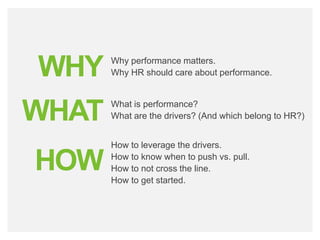 bamboohr.com payscale.com
HR‘s Role in Employee Performance
Why performance matters.
Why HR should care about performance.WHY
What is performance?
What are the drivers? (And which belong to HR?)WHAT
How to leverage the drivers.
How to know when to push vs. pull.
How to not cross the line.
How to get started.
HOW
 