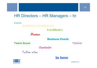 ©SHRM 2014©SHRM 2014
HR Directors – HR Managers – hr
Liaison
Internal Consultant
Facilitator
Partner
Business Coach
Talent Scout Teacher
Cheerleader
Problem solver
Idea Generator
12
 