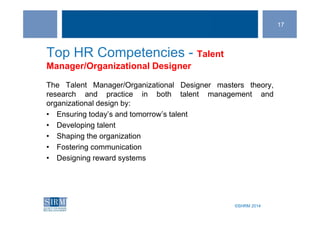 ©SHRM 2014©SHRM 2014
Top HR Competencies - Talent
Manager/Organizational Designer
The Talent Manager/Organizational Designer masters theory,
research and practice in both talent management and
organizational design by:
• Ensuring today’s and tomorrow’s talent
• Developing talent
• Shaping the organization
• Fostering communication
• Designing reward systems
17
 
