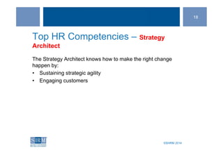 ©SHRM 2014©SHRM 2014
Top HR Competencies – Strategy
Architect
The Strategy Architect knows how to make the right change
happen by:
• Sustaining strategic agility
• Engaging customers
18
 