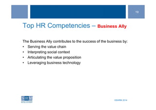 ©SHRM 2014©SHRM 2014
Top HR Competencies – Business Ally
The Business Ally contributes to the success of the business by:
• Serving the value chain
• Interpreting social context
• Articulating the value proposition
• Leveraging business technology
19
 