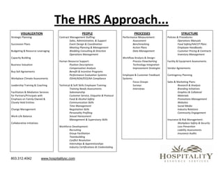 The HRS Approach...
        VISUALIZATION                                     PEOPLE                                PROCESSES                          STRUCTURE
Strategic Planning                     Contract Management Staffing:                    Performance Measurement:        Policies & Procedures:
                                               Sales, Administration, & Support                 Assessment                       Operations Manuals
Succession Plans                               Event Design & Coordination                      Benchmarking                     Food Safety/HACCP Plans
                                               Meeting Planning & Management                    Action Plans                     Employee Handbooks
Budgeting & Resource Leveraging                Wedding Consulting & Direction                   Data Management                  Customer Pricing & Contracts
                                               Operations Management                                                             Inventory Management
Capacity Building                                                                       Workflow Analysis & Design:
                                       Human Resource Support:                                 Process Flowcharting     Facility & Equipment Assessments
Business Valuation                            Position Descriptions                            Technology Integration
                                              Compensation Analysis                            Improvement Strategies   Vendor Agreements
Buy-Sell Agreements                           Benefit & Incentive Programs
                                              Performance Evaluation Systems            Employee & Customer Feedback    Contingency Planning
Workplace Climate Assessments                 OSHA/ADA/EEO/AA Compliance                Systems:
                                                                                                 Focus Groups           Sales & Marketing Plans:
Leadership Training & Coaching         Technical & Soft Skills Employee Training:                Surveys                        Research & Analysis
                                               Training Needs Assessments                        Interviews                     Branding Initiatives
Facilitation & Mediation Services              Salesmanship                                                                     Graphics & Collateral
for Partners/Principals with                   Customer Service, Etiquette & Protocol                                           Materials
Emphasis on Family-Owned &                     Food & Alcohol Safety                                                            Promotions Management
Closely Held Entities                          Communication Skills                                                             Websites
                                               Time Management                                                                  Social Media
Change Management                              Negotiation Skills                                                               Industry Relations
                                               Personality Profiling                                                            Community Engagement
Work-Life Balance                              Sexual Harassment
                                               Management & Supervisory Skills                                          Insurance & Risk Management:
Collaborative Initiatives                                                                                                       Workplace Safety & Security
                                       Workforce Development:                                                                   Loss Prevention
                                              Recruiting                                                                        Liability Assessments
                                              Group Facilitation                                                                Insurance Audits
                                              Teambuilding
                                              Conflict Resolution
                                              Internships & Apprenticeships
                                              Industry Certifications & Credentialing



803.312.4042                www.hospitalitysc.com
 