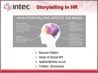 Storytelling in HR
» Rooven Pakkiri
» Head of Social KM
» rpakkiri@intec.co.uk
» Twitter: @roovenp
 
