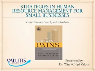 STRATEGIES IN HUMAN
RESOURCE MANAGEMENT FOR
SMALL BUSINESSES
From: Growing Pains by Eric Flamholtz
Presented by:
Dr. Wm. (Chip) Valutis
http://www.amazon.com/
 