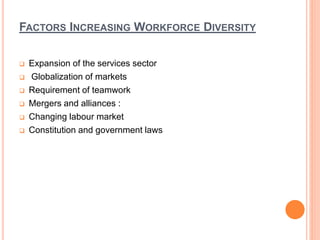 FACTORS INCREASING WORKFORCE DIVERSITY
 Expansion of the services sector
 Globalization of markets
 Requirement of teamwork
 Mergers and alliances :
 Changing labour market
 Constitution and government laws
 