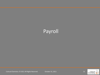 Payroll




Cultural Chemistry © 2011 All Rights Reserved   October 31, 2011   13
 