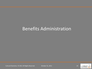 Benefits Administration




Cultural Chemistry © 2011 All Rights Reserved   October 31, 2011   14
 