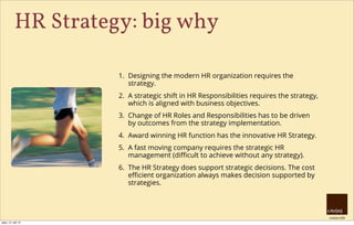 creative HRM
HR Strategy: big why
1. Designing the modern HR organization requires the
strategy.
2. A strategic shift in H...