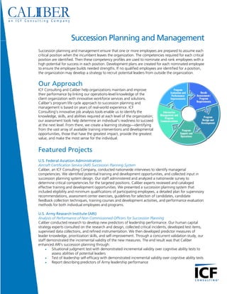Succession Planning and Management
Succession planning and management ensure that one or more employees are prepared to assume each
critical position when the incumbent leaves the organization. The competencies required for each critical
position are identified. Then these competency profiles are used to nominate and rank employees with a
high potential for success in each position. Development plans are created for each nominated employee
to ensure the employee builds needed strengths. If no qualified employees are identified for a position,
the organization may develop a strategy to recruit potential leaders from outside the organization.


Our Approach
ICF Consulting and Caliber help organizations maintain and improve
their performance by linking our operations-level knowledge of the
client organization with innovative workforce services and solutions.
Caliber’s program life cycle approach to succession planning and
management is based on years of real-world experience. ICF
Consulting's innovative job analysis tools enable us to identify the
knowledge, skills, and abilities required at each level of the organization;
our assessment tools help determine an individual’s readiness to succeed
at the next level. From there, we create a learning strategy—identifying
from the vast array of available training interventions and developmental
opportunities, those that have the greatest impact, provide the greatest
value, and make the most sense for the individual.


Featured Projects
U.S. Federal Aviation Administration
Aircraft Certification Service (AIR) Succession Planning System
Caliber, an ICF Consulting Company, conducted nationwide interviews to identify managerial
competencies. We identified potential training and development opportunities, and collected input in
succession planning system design. Our staff administered and analyzed a nationwide survey to
determine critical competencies for the targeted positions. Caliber experts reviewed and cataloged
effective training and development opportunities. We presented a succession planning system that
included eligibility and minimum qualifications of participating employees, a detailed plan for supervisory
recommendations, assessment center exercises, guidelines for selection of candidates, candidate
feedback collection techniques, training courses and development activities, and performance evaluation
methods for both individual employees and programs.

U.S. Army Research Institute (ARI)
Analysis of Performance of Non-Commissioned Officers for Succession Planning
Caliber conducted research to develop new predictors of leadership performance. Our human capital
strategy experts consulted on the research and design, collected critical incidents, developed test items,
supervised data collections, and refined instrumentation. We then developed predictor measures of
leader knowledge, prioritization skills, and self-improvement. Through a concurrent validation study, our
staff demonstrated the incremental validity of the new measures. The end result was that Caliber
enhanced ARI’s succession planning through:
     •   Situational judgment test with demonstrated incremental validity over cognitive ability tests to
         assess abilities of potential leaders
     •   Test of leadership self-efficacy with demonstrated incremental validity over cognitive ability tests
     •   Report describing predictors of Army leadership performance
 