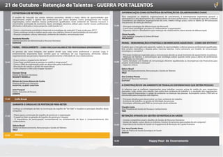 21 de Outubro - Retenção de Talentos - GUERRA POR TALENTOS
        ESTRATÉGIAS DE RETENÇÃO                                                                                                  DIFERENCIAÇÃO COMO ESTRATÉGIA DE RETENÇÃO DE COLABORADORES CHAVE

        O assédio do mercado aos nossos talentos aumentou, devido a maior oferta de oportunidades que                            Para conquistar os objetivos organizacionais de crescimento, é extremamente importante garantir a
                                                                                                                                 permanência e alto desempenho dos colaboradores de maior performance. Considerando que eles conferem
        naturalmente amplia o apetite dos profissionais por novos desafios. Como protagonistas em nossas                         consistência aos objetivos organizacionais de curto, médio e longo prazo, como os líderes de RH estruturam
        organizações, como retemos nossos profissionais qualificados neste ambiente de talentos escassos e                       mecanismos de retenção efetivos?
        crescimento acentuado da economia. Quais estratégias devemos utilizar para manter nossos profissionais
        afirmados e alinhados à nossa proposta, reafirmando-os?                                                          13:20   - Principais estratégias de diferenciação da Microsoft
                                                                                                                                 - Como estas estratégias vinculam os colaboradores à organização?
09:00   - Como o crescimento econômico impactará as estratégias de retenção? O que muda para 2011?                               - Aspectos críticos e desafiadores para retenção de colaboradores chave através da diferenciação
        - Como continuar sendo a melhor opção para seus talentos frente às oportunidades do mercado?
        - Atuação completa: cultura, lideranças, ambiente de trabalho, remuneração total                                         Silvio Paciello
                                                                                                                                 Latin America, Consumer & Online HR Head
        Vanderlei Novello                                                                                                        MICROSOFT
        Gerente Executivo de Administração e Recursos Humanos
        RANDON                                                                                                                   PAINEL - REMUNERAÇÃO ESTRATÉGICA EM MERCADOS AQUECIDOS – COMO SER EFETIVO?
        PAINEL - ENGAJAMENTO – COMO VINCULAR VALORES E TER PROFISSIONAIS APAIXONADOS?                                            É sabido que o mercado está aquecido, repleto de oportunidades e oferece poucos profissionais qualificados.
                                                                                                                                 Este cenário intensifica a disputa pelos mesmos talentos. Como estruturar um modelo de remuneração
        As pessoas são seres integrais, não podem dividir suas vidas entre profissional e pessoal. Logo, é                       estratégico e completo?
        extremamente importante fazer sentido para os indivíduos de sua organização, alinhando valores
        organizacionais aos pessoais, impactando positivamente a felicidade de seus colaboradores.                               - Principais mudanças esperadas para a remuneração devido ao atual momento de aquecimento econômico
                                                                                                                                 - Retenção de talentos e remuneração: que estratégia adotar quando existe pouca oferta de profissionais
                                                                                                                                 qualificados no mercado
        - O que motiva o engajamento de fato?                                                                                    - Como estruturar um modelo de remuneração eficiente equilibrando as recompensas não financeiras para
10:00   - Como fazer sentido para as pessoas no médio e longo prazo?                                                     14:00   ampliar atratividade e retenção?
        - Como o DNA da organização pode ser absorvido pelos indivíduos?                                                         - Aspectos críticos
        - Vinculação de valores e gestão de expectativas
        - Como preparar o líder para engajar equipes?                                                                            Edécio Brasil
                                                                                                                                 Diretor de Desenvolvimento, Remuneração e Gestão de Talentos
        Giusepe Giorgi                                                                                                           VALE
        Diretor de Recursos Humanos
        MAGNETI MARELLI                                                                                                          Ana Cristina Piovan
                                                                                                                                 Diretora de Recursos Humanos
        Miriam do Carmo Branco da Cunha                                                                                          DUPONT
        Diretora de Recursos Humanos
        HOSPITAL ALBERT EINSTEIN                                                                                                 A CONSTRUÇÃO DE UM AMBIENTE DE TRABALHO DIFERENCIADO QUE RETÉM PESSOAS
        João Pasqual                                                                                                             Já sabemos que as melhores organizações para trabalhar crescem acima da média de seus respectivos
        Diretor Executivo de Pessoas                                                                                             mercados. Logo, existe uma relação clara entre bom ambiente de trabalho e o resultado das organizações.
        ATENTO                                                                                                                   Outro aspecto importante é o papel do ambiente na retenção das pessoas. Acompanhe como a TAM tem se
                                                                                                                                 estruturado para conquistar este objetivo.
11:00     Coffe Break                                                                                                    15:00   - Principais desafios para desenvolver um bom ambiente de trabalho
                                                                                                                                 - Ambiente de trabalho e a gestão da felicidade das pessoas
                                                                                                                                 - Estratégias utilizadas pela TAM na construção deste ambiente
        GARANTA O ORGULHO DE PERTENCER PARA RETER
                                                                                                                                 Claudio Costa
        Conheça as estratégias da Vale na construção do orgulho de “Ser Vale” e visualize os principais desafios desta           Vice-Presidente de Gestão de Pessoas e Conhecimento
        conquista.                                                                                                               TAM

11:30   - Pilares para a construção do orgulho de pertencer à organização                                                        RETENÇÃO ATRAVÉS DA GESTÃO ESTRATÉGICA DA SAÚDE
        - O papel do líder na geração de orgulho de pertencer à equipe
        - A importância da preocupação socioambiental no estreitamento de laços e comprometimento dos                            - Cenário competitivo atual e desafios da Gestão de Recursos Humanos:
        colaboradores                                                                                                            - Gestão de Saúde: custos diretos e indiretos: Existem ferramentas para analisá-los em conjunto?
                                                                                                                         15:50   - Importância da Gestão de Saúde no Engajamento & Renteção do Capital Humano:
        Edécio Brasil
        Diretor de Desenvolvimento, Remuneração e Gestão de Talentos                                                             Dra. Ana Claudia Pinto
        VALE                                                                                                                     Líder da Prática de Gestão Estratégica de Saúde
                                                                                                                                 MARSH
12:20     Almoço

                                                                                                                         16:30                                   Happy Hour de Encerramento
 
