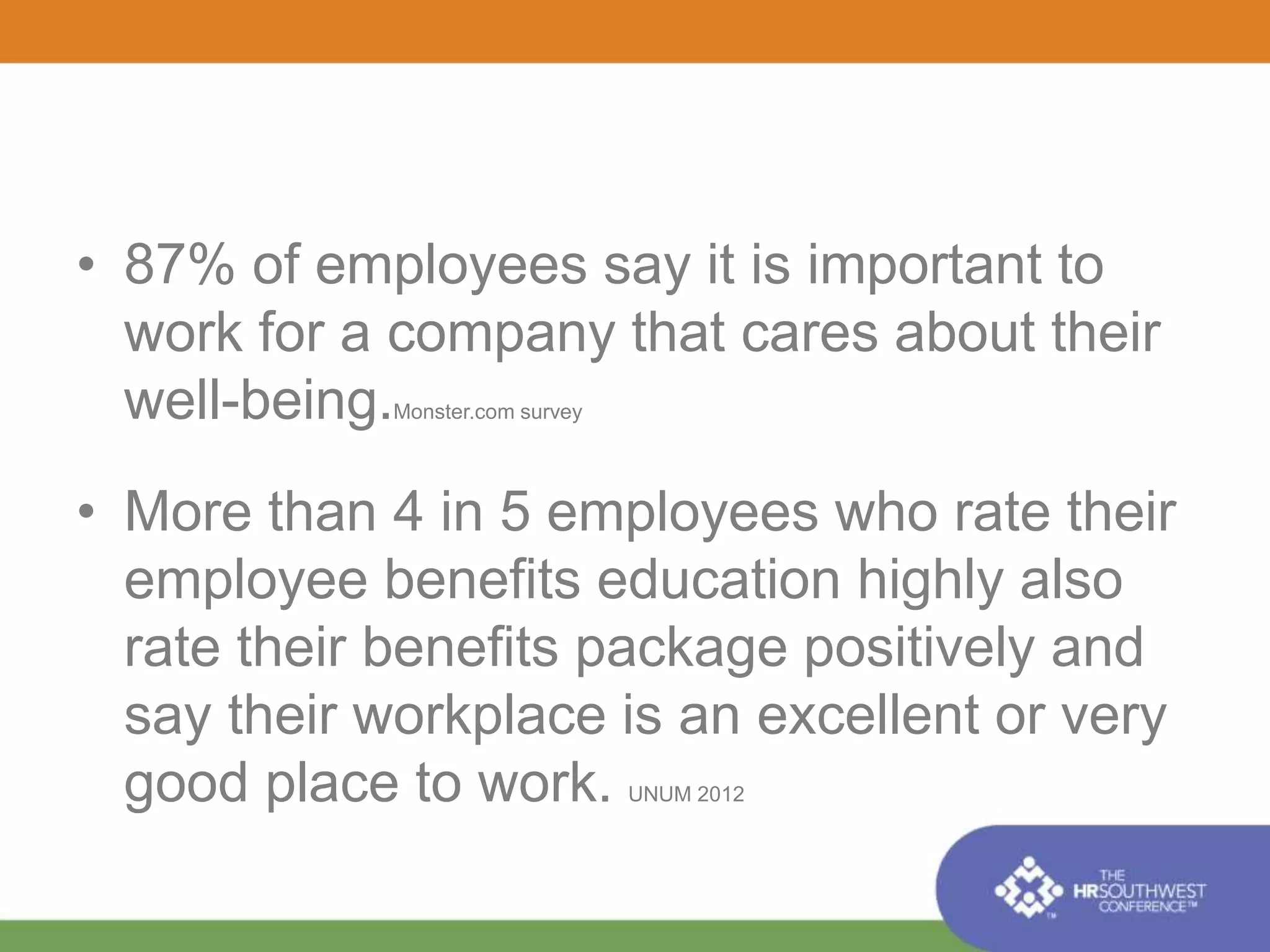 • 87% of employees say it is important to 
work for a company that cares about their 
well-being.Monster.com survey 
• More than 4 in 5 employees who rate their 
employee benefits education highly also 
rate their benefits package positively and 
say their workplace is an excellent or very 
good place to work. UNUM 2012 
 
