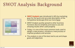 creative HRM
SWOT Analysis: Background
• SWOT Analysis was introduced in 60’s by marketing
guys for the quick and accurate description of the
competitive landscape (ﬁnd out more here)
• SWOT Analysis quickly spread to other business
functions due its simplicity and ease to use and
amazing results when used properly
• Today, it is one of the most common tools used to
design a new product, introduce a new process or
improve products and services
• The analysis is one of the best tool to set and shape
goals and objectives
pondělí, 9. září 13
 