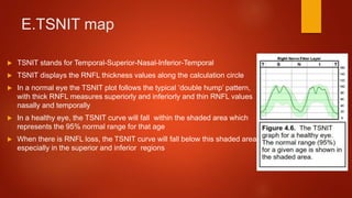 E.TSNIT map
 TSNIT stands for Temporal-Superior-Nasal-Inferior-Temporal
 TSNIT displays the RNFL thickness values along the calculation circle
 In a normal eye the TSNIT plot follows the typical ‘double hump’ pattern,
with thick RNFL measures superiorly and inferiorly and thin RNFL values
nasally and temporally
 In a healthy eye, the TSNIT curve will fall within the shaded area which
represents the 95% normal range for that age
 When there is RNFL loss, the TSNIT curve will fall below this shaded area,
especially in the superior and inferior regions
 