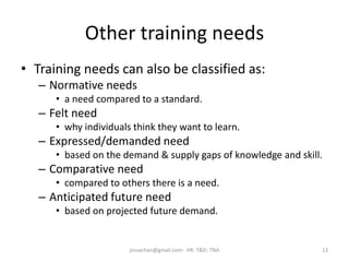 Other training needs
• Training needs can also be classified as:
– Normative needs
• a need compared to a standard.
– Felt need
• why individuals think they want to learn.
– Expressed/demanded need
• based on the demand & supply gaps of knowledge and skill.
– Comparative need
• compared to others there is a need.
– Anticipated future need
• based on projected future demand.
13jinuachan@gmail.com: HR: T&D: TNA
 