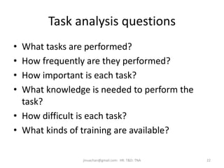 Task analysis questions
• What tasks are performed?
• How frequently are they performed?
• How important is each task?
• What knowledge is needed to perform the
task?
• How difficult is each task?
• What kinds of training are available?
22jinuachan@gmail.com: HR: T&D: TNA
 